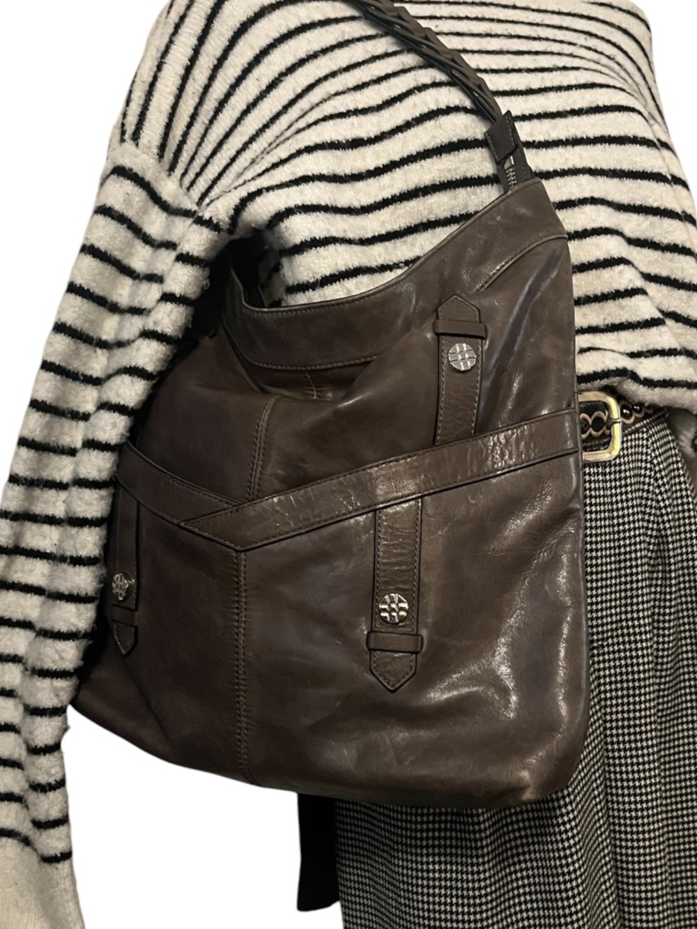 Joelle Hawkens Women's Dark Gray Taupe  Leather Slouchy Tote Shoulder Bag Purse